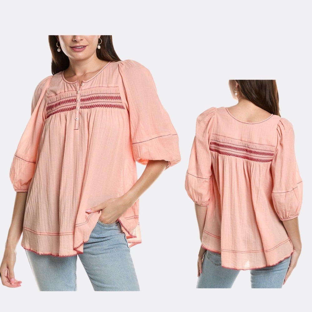 Free People Peach Pink Embroidered Peasant Tunic